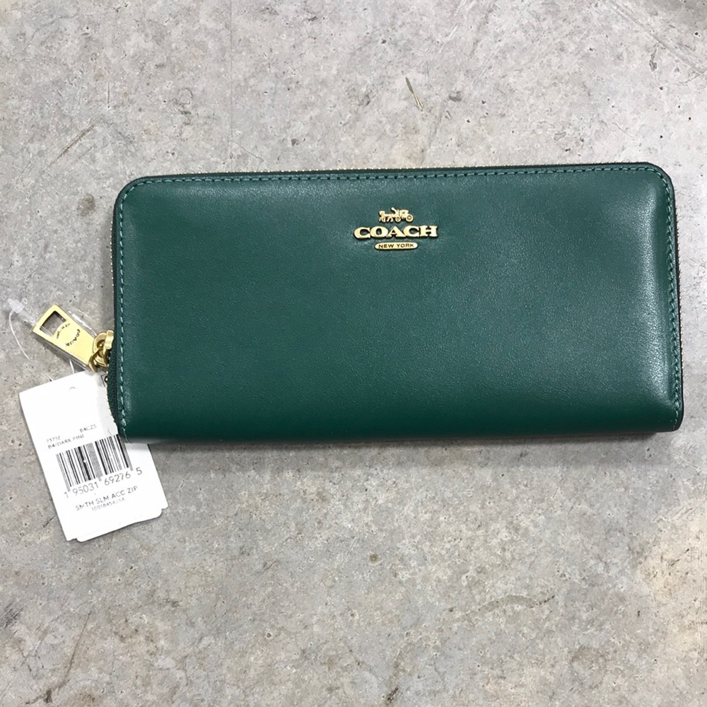 Coach Green Leather Zip Around Wallet with Gold Accent